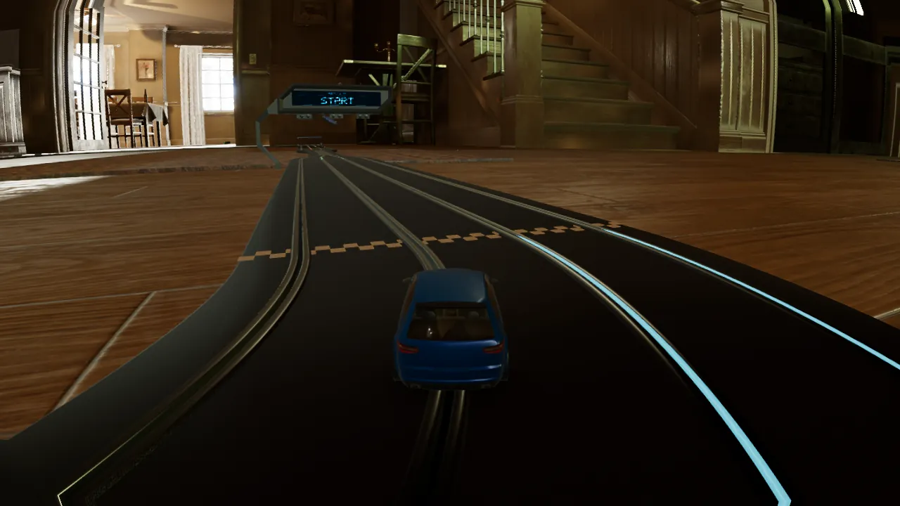 First-person view of a blue car on house-circuit, approaching the start gantry