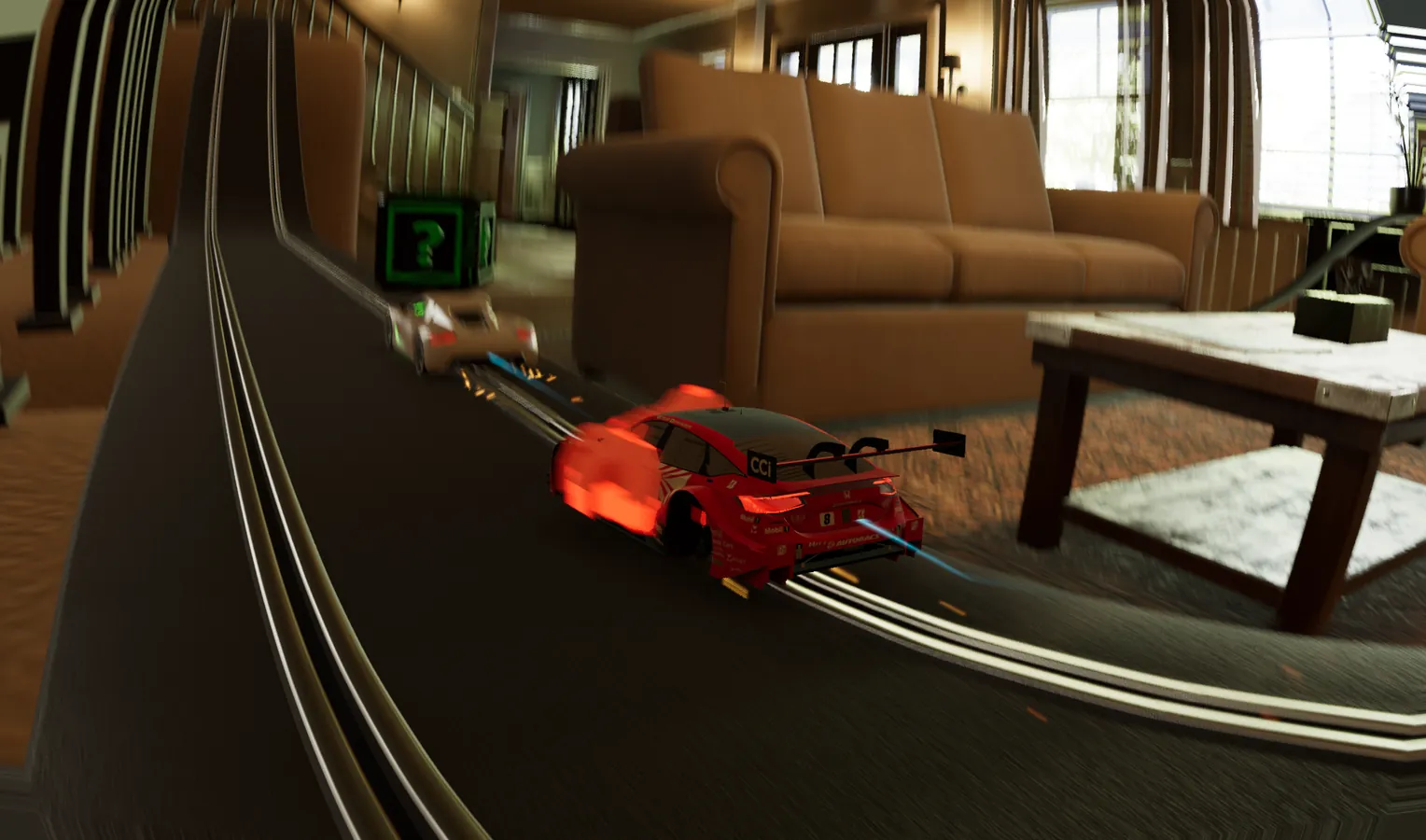 Racing past a living-room sofa with a question-block powerup on the rail