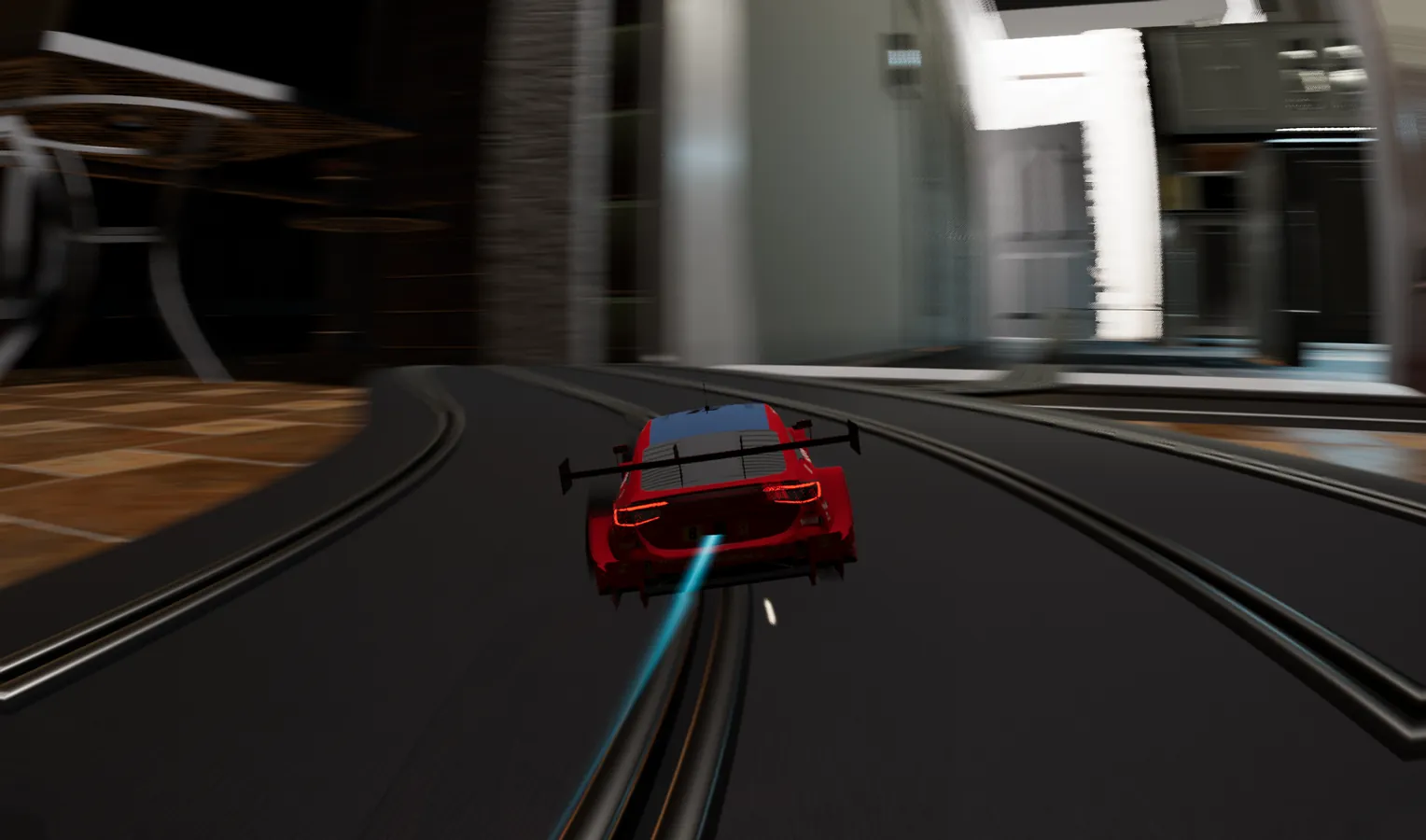 Night racing through the garage with motion blur