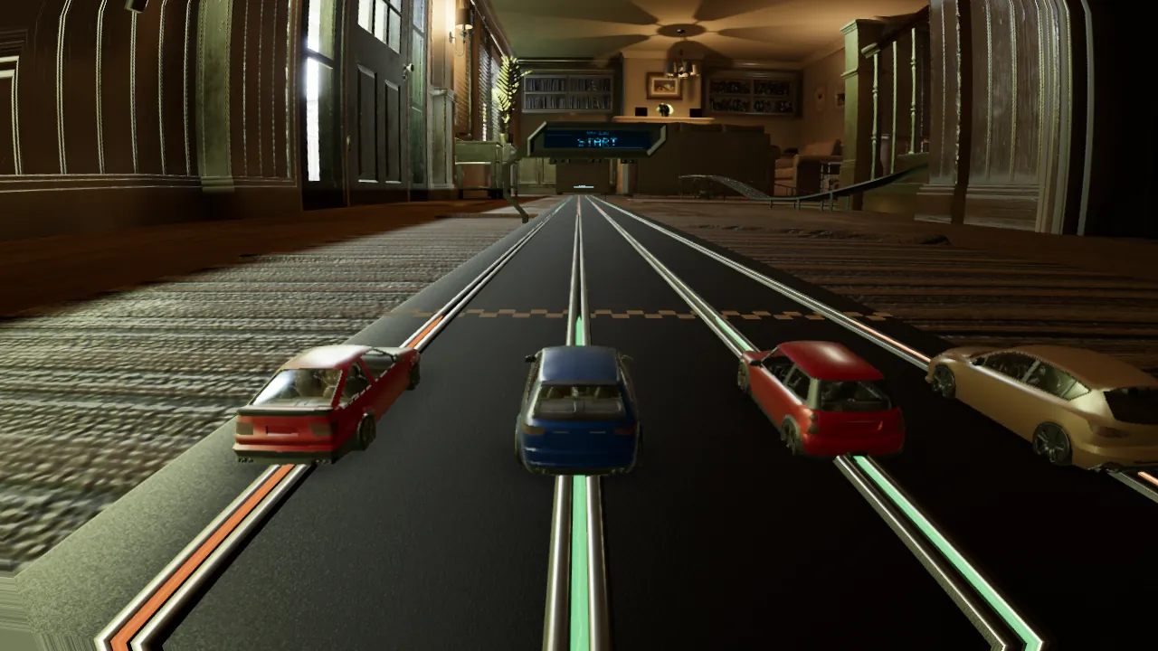 Four cars lined up on glowing lanes in the hallway