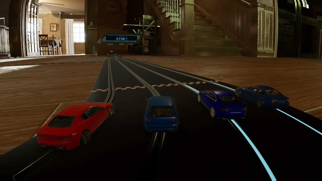 Four cars on the grid in the living room