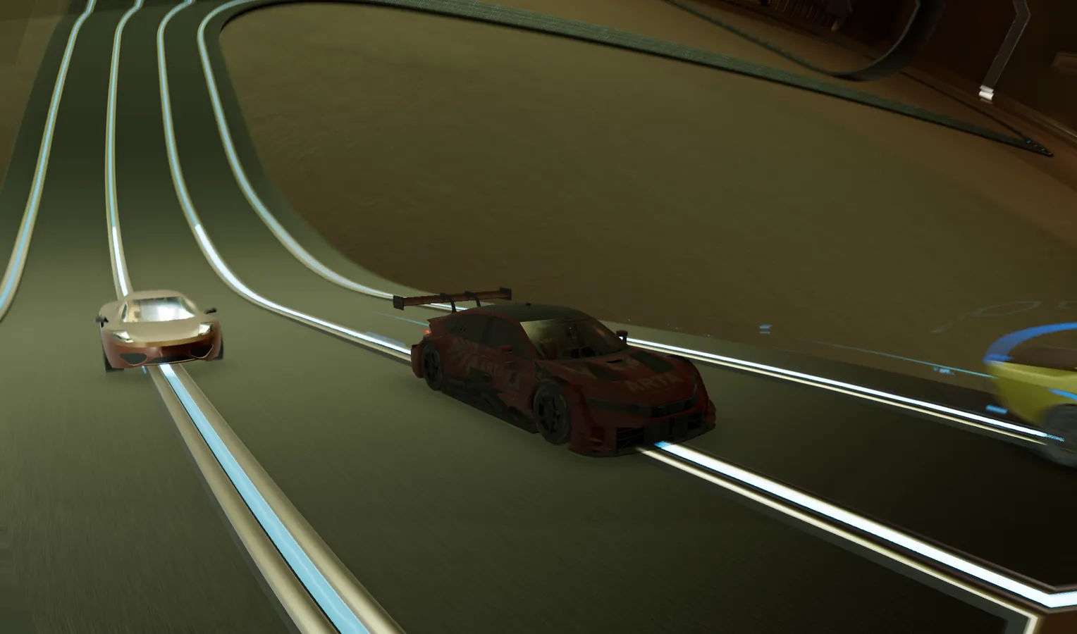 Three cars on a wall-run above the house