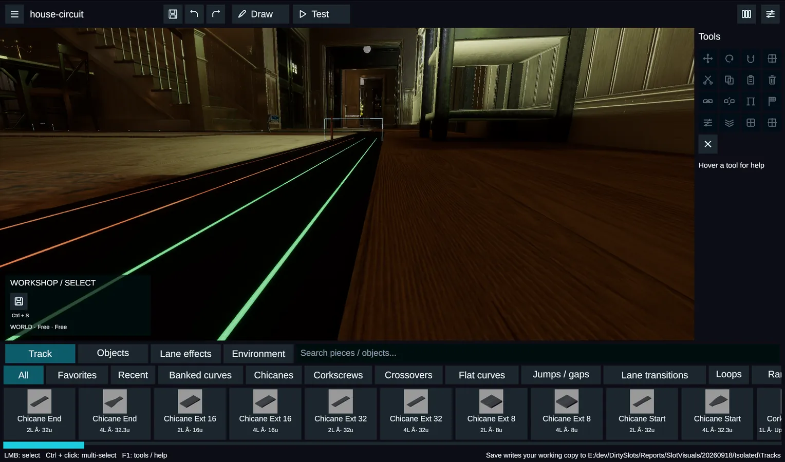 Track editor overlay drawing glowing lanes across hardwood