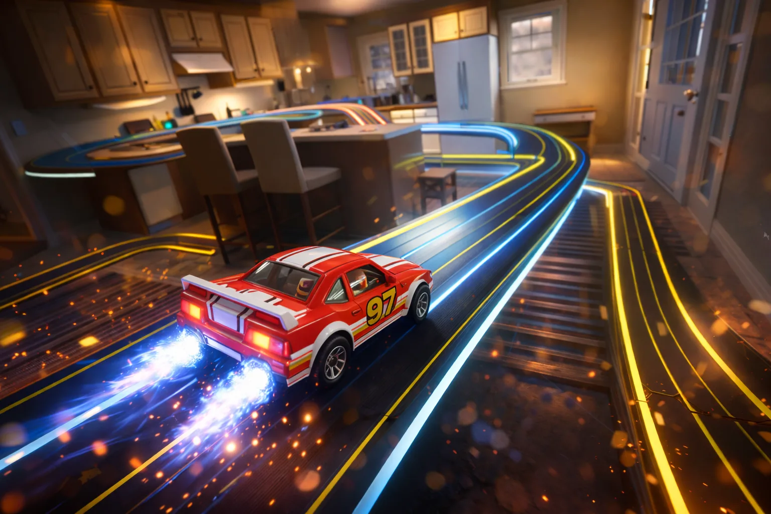A red slot car blasting down glowing lanes across a kitchen floor