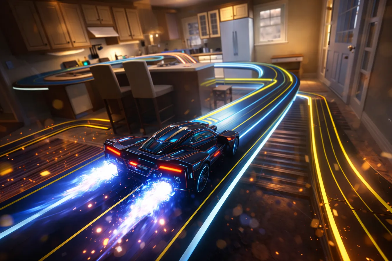 A black slot car with blue afterburners tearing through a kitchen